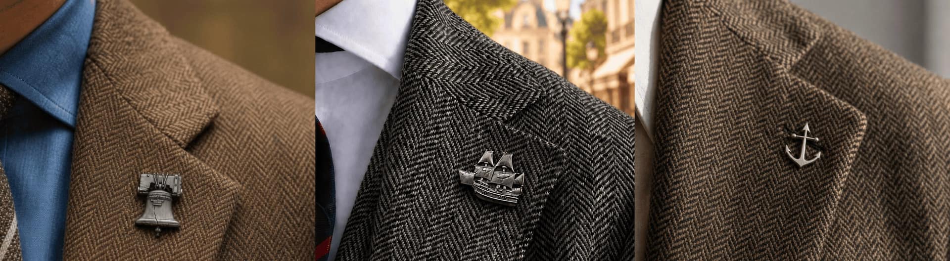 Three pins worn on tweed and herringbone lapels: the Liberty Bell, the Mayflower and the anchor